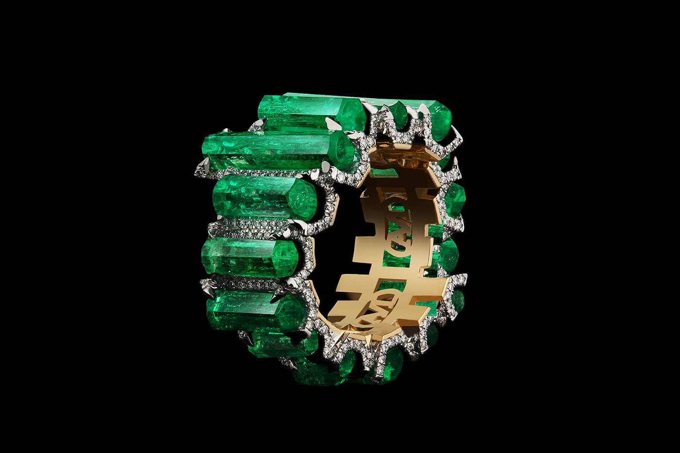  Alexandra Mor ‘Honouring the Earth’ eternity band with 15.27ct Muzo emeralds and diamonds in white and yellow gold