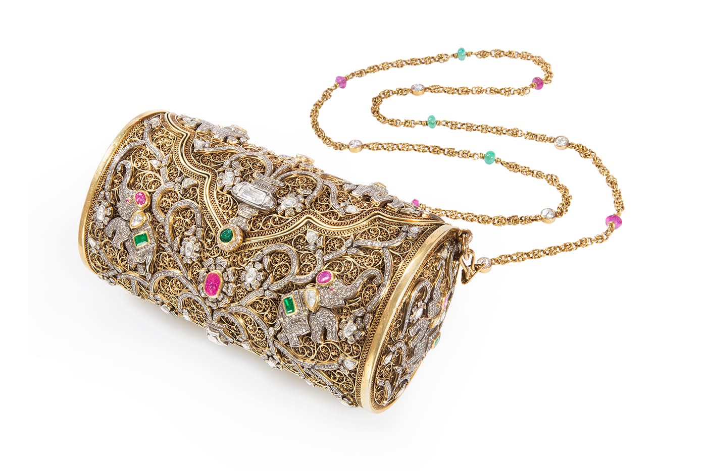  Munnu The Gem Palace clutch purse with emeralds, rubies and diamonds in yellow gold