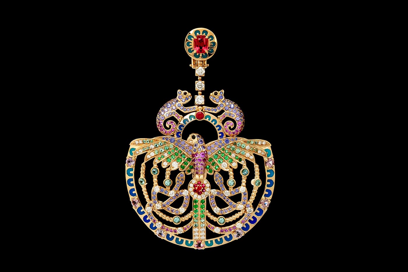  Aude Mathon x Émeline Piot 'Unique'collection ‘Quetzal’ earrings with spinels, tourmaline, sapphires, diamonds and emeralds in enamel and yellow gold