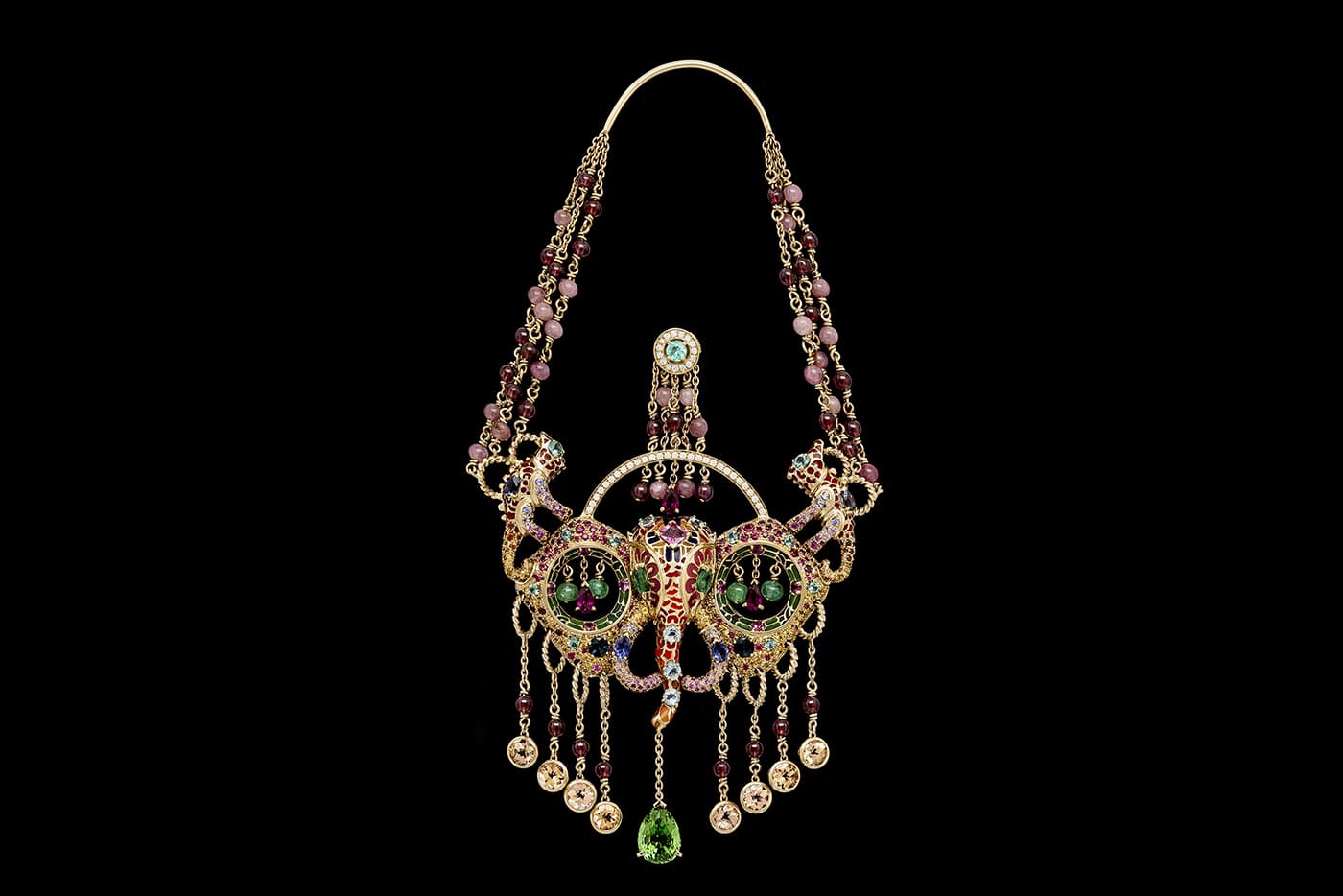  Aude Mathon x Émeline Piot 'Unique'collection 'Gor Orisa-Nla' solo earring with tourmaline, iolite, rhodolite, Imperial topaz, garnet, aquamarine, emeralds, sapphires, diamonds, spinels and enamel in yellow gold