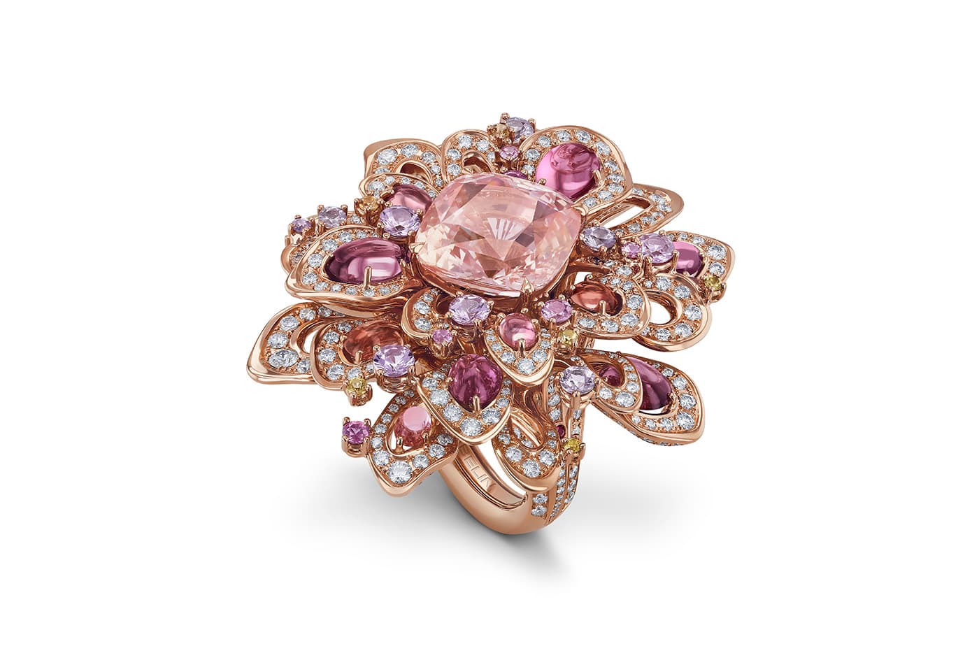 Gübelin 'Rising Lotus' ring with 14.25 carats padparadscha sapphire from Sri Lanka, fancy colour sapphires and diamonds set in 18K red gold