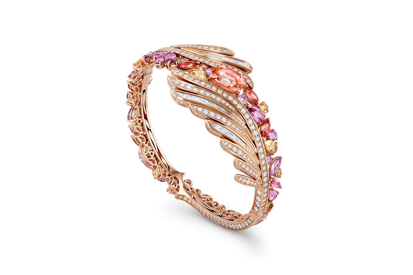  Gübelin 'Splendid Feather' bangle from Aurora collection featuring 5.60 cts padparadscha sapphire complemented by fancy colour sapphires and diamondse from Sri Lanka, 5.60 ct