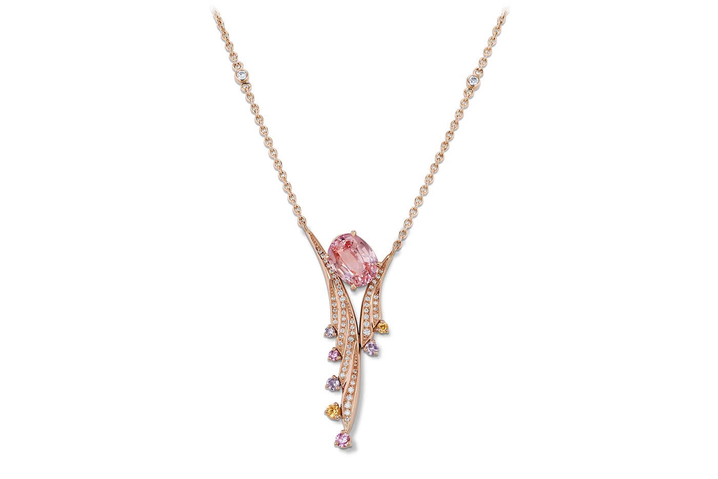  Gübelin 'Splendid Feather' necklace from Aurora collection featuring Madagascar pasparadscha sapphire of 2.12 cts, fancy colour sapphires and diamonds
