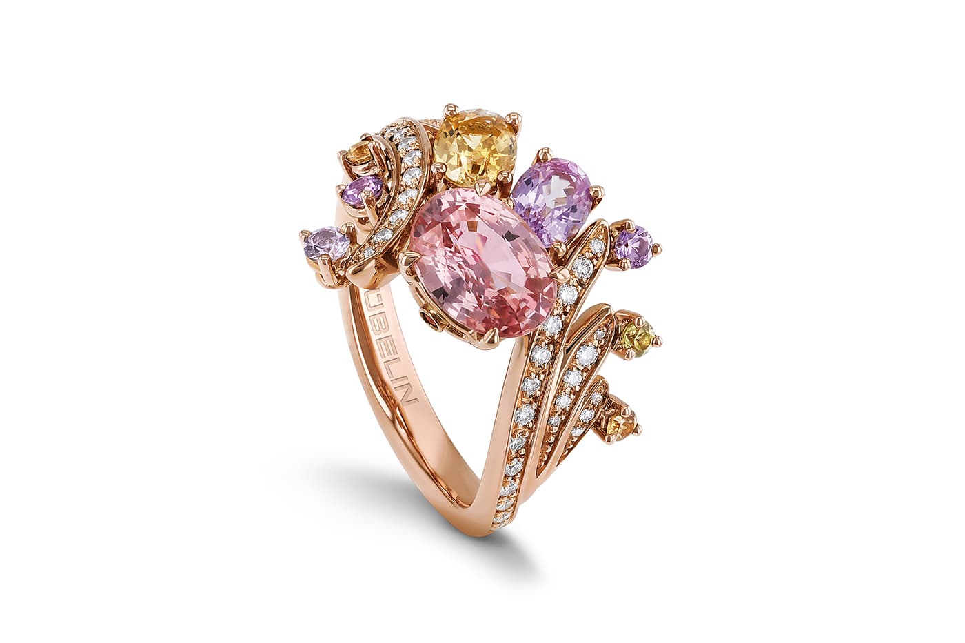  Gübelin 'Splendid Feather' ring from Aurora collection featuring 1,65cts Madagascar pasparadscha sapphire, fancy colour sapphires and diamonds