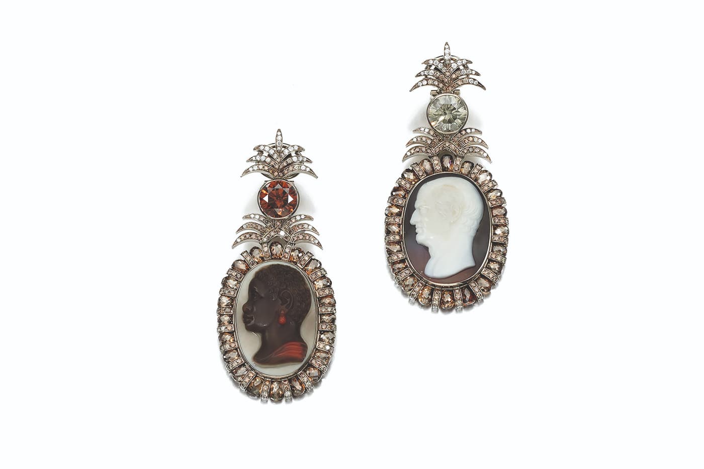 Hemmerle cameo and diamond earrings