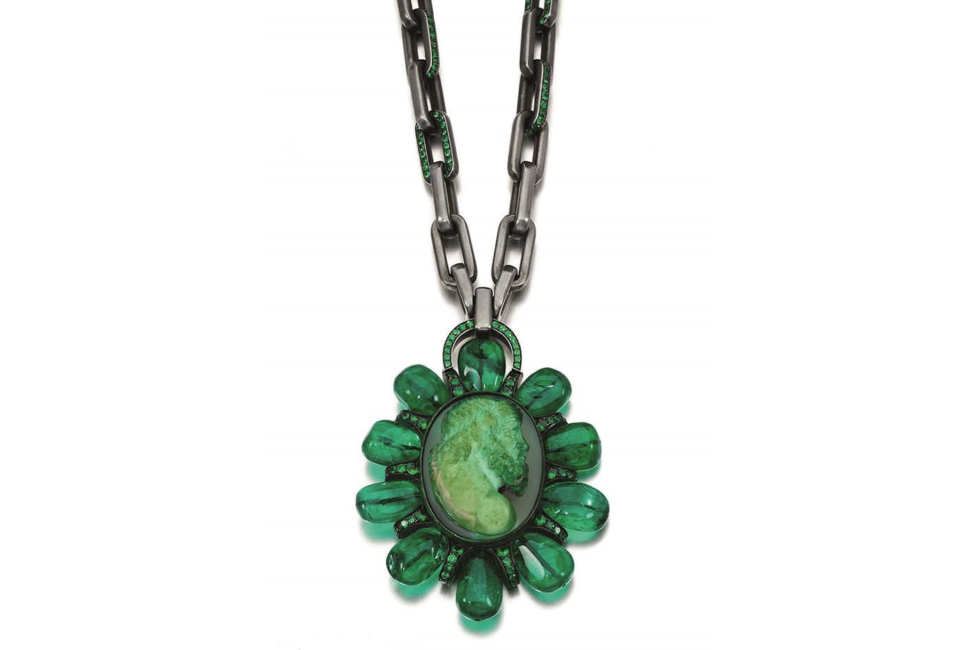 Hemmerle emerald bead, jasper cameo and tsavorite garnet pendant necklace