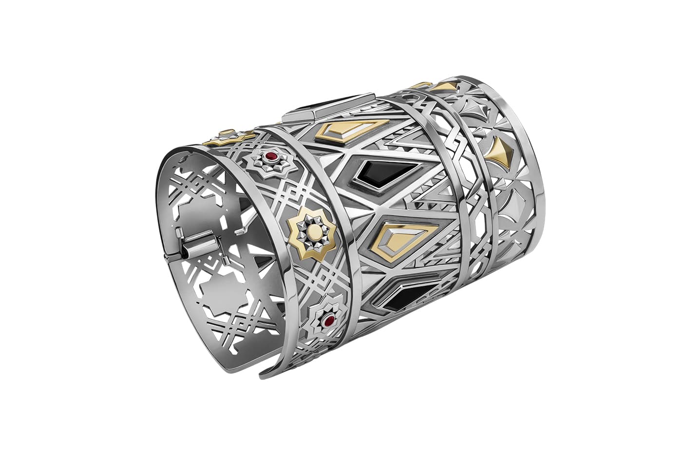   Azza Fahmy 'Mamluk' collection ‘Qalawun’ cuff with onyx and garnet in yellow gold and sterling silver