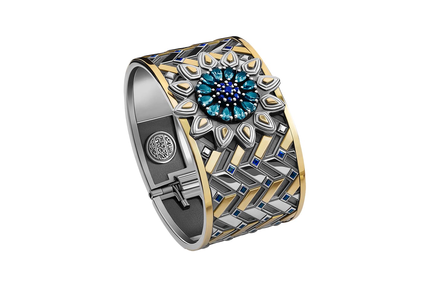  Azza Fahmy 'Mamluk' collection 'Qalawun Muzhir' cuff with sapphires and topaz in yellow gold and sterling silver
