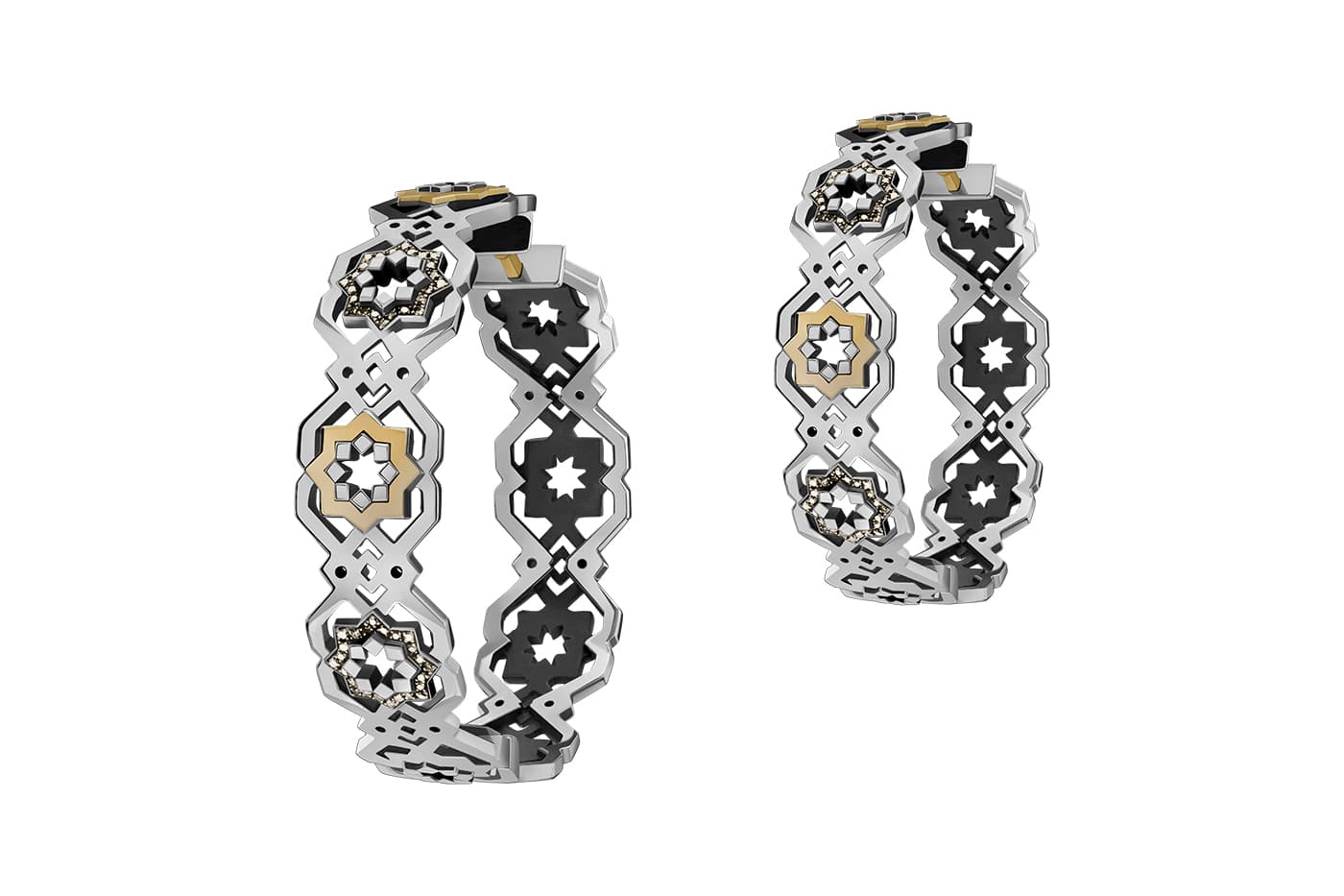  Azza Fahmy 'Mamluk' collection ‘Silver Salar Star’ hoop earrings with champagne diamonds in yellow gold and sterling silver