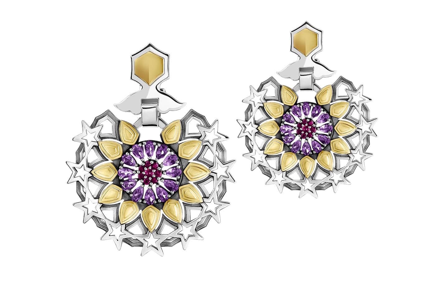 Azza Fahmy 'Mamluk' collection ‘Barsbay’ earrings with rubies and amethysts in yellow gold and sterling silver