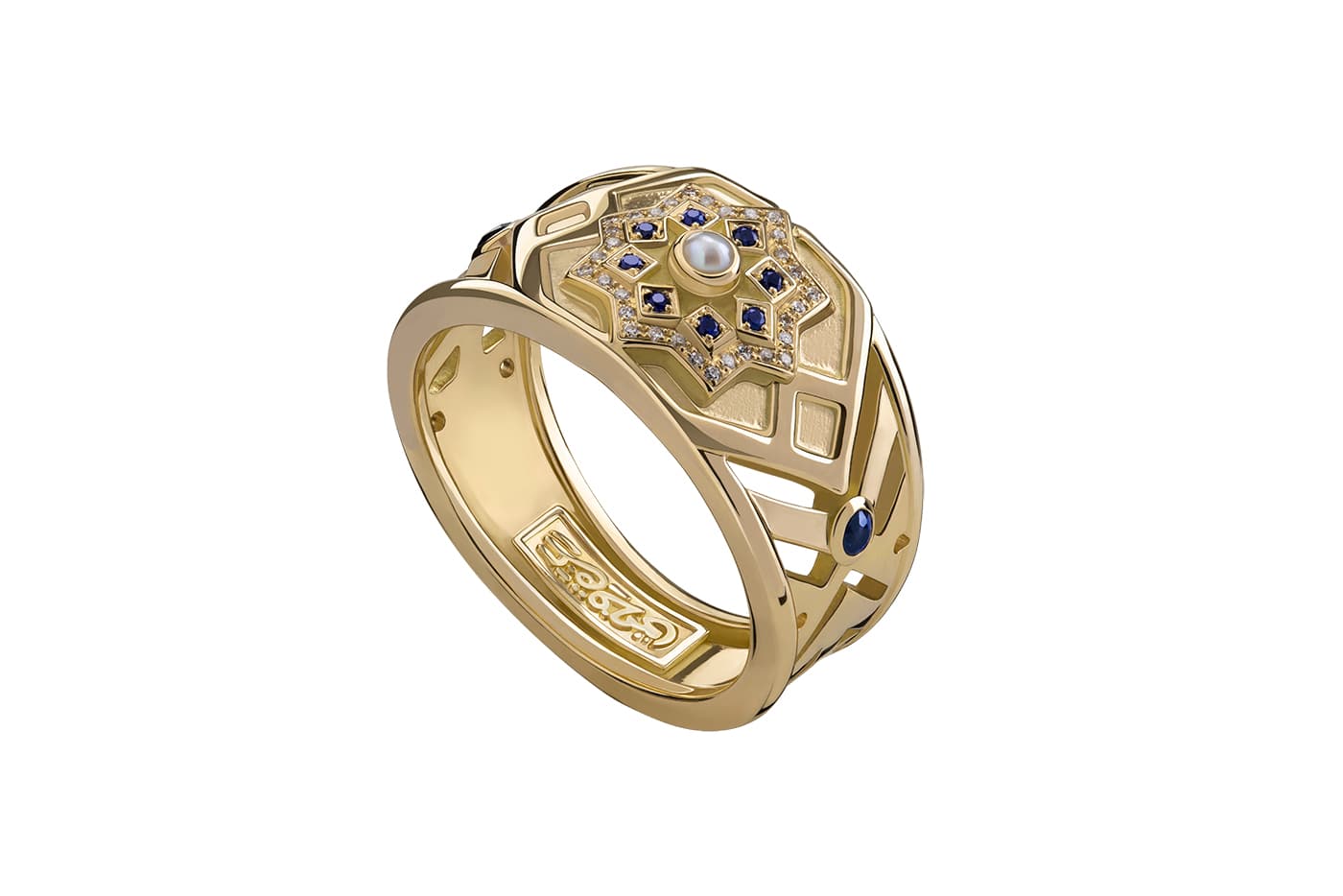  Azza Fahmy 'Mamluk' collection ‘Qalawun’ ring with diamonds, sapphires and pearls in yellow gold and sterling silver
