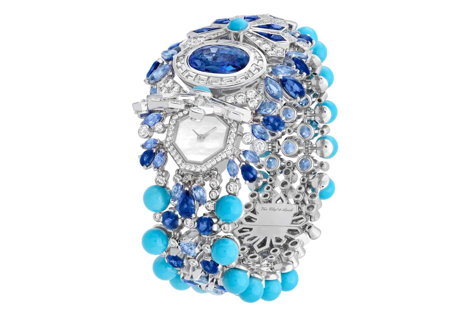 Van Cleef & Arpels ‘Secret Watch Jardin de Glace’ secret watch with 10.30ct Sri Lankan oval cut sapphire, round, marquise and pear shaped sapphires, turquoise, and diamonds in white gold