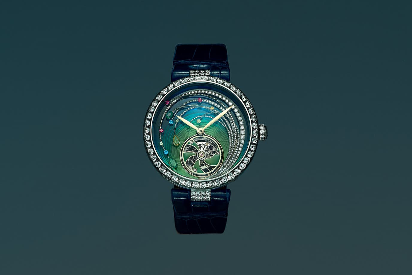 Chaumet 'Les Ciels de Chaumet' collection 'Soliel de Minuit' watch with Grand Feu enamel by Anita Porchet, diamonds, sapphires, tourmalines, spinels and garnets in white gold