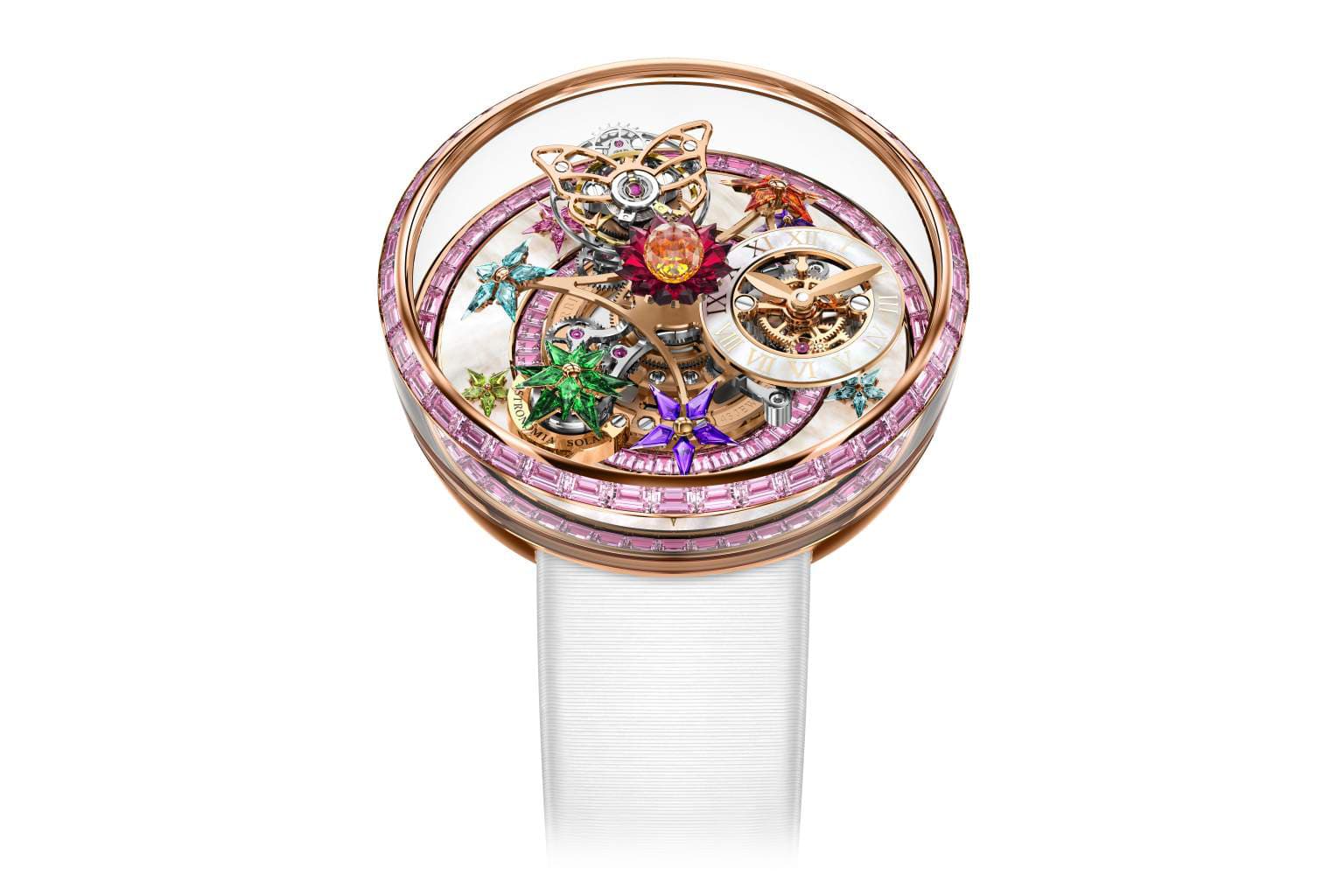  Jacob & Co. ‘Astronomia Fleurs de Jardin’ watch with topaz, kite shaped pink, blue and orange sapphires, tsavorites, amethysts, and rubies on a mother of pearl dial in rose gold