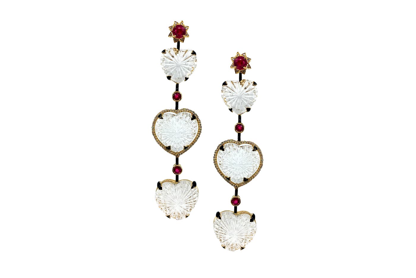  Hanut Singh 'Triple Hearts' earrings with rubies, diamonds, rock crystal, and enamel in yellow gold