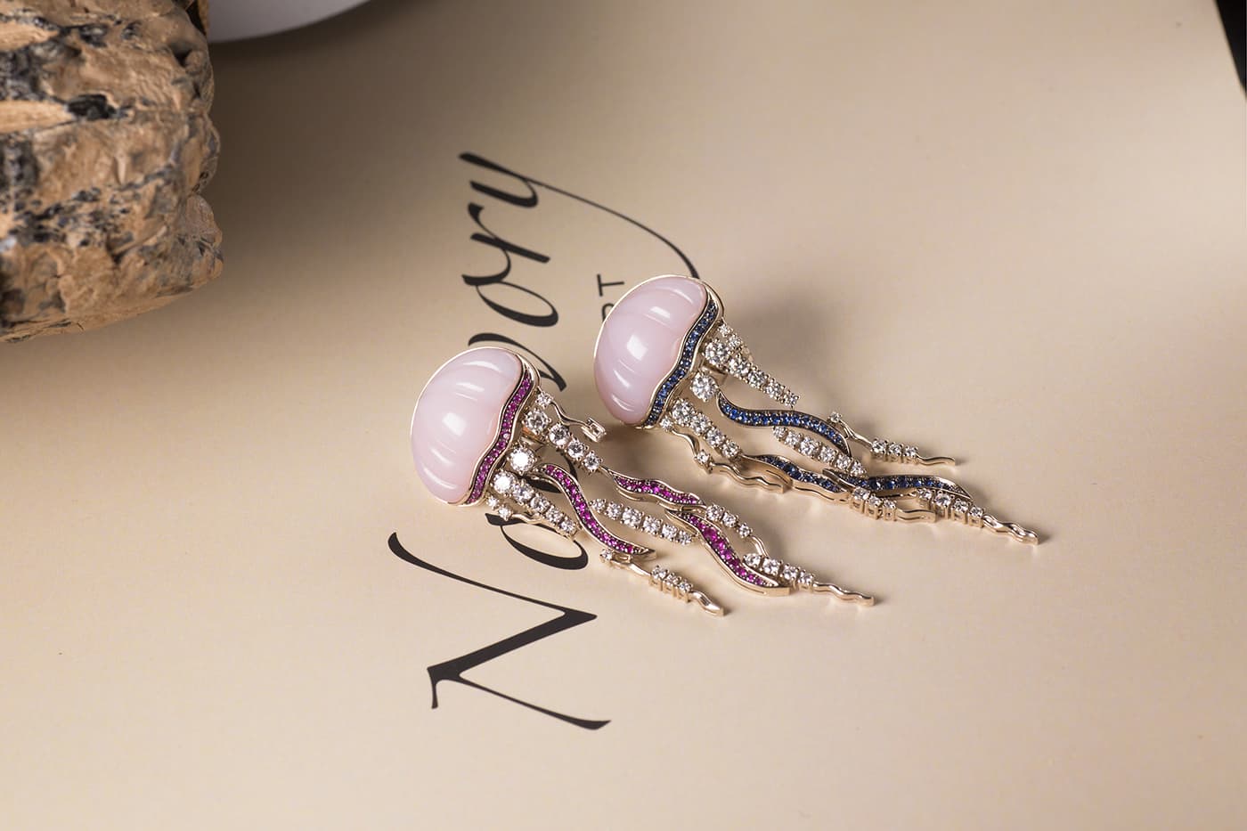 NotIvory and ICHIEN 'Medusa' earrings with opal, mammoth tusk, sapphires and diamonds in white gold