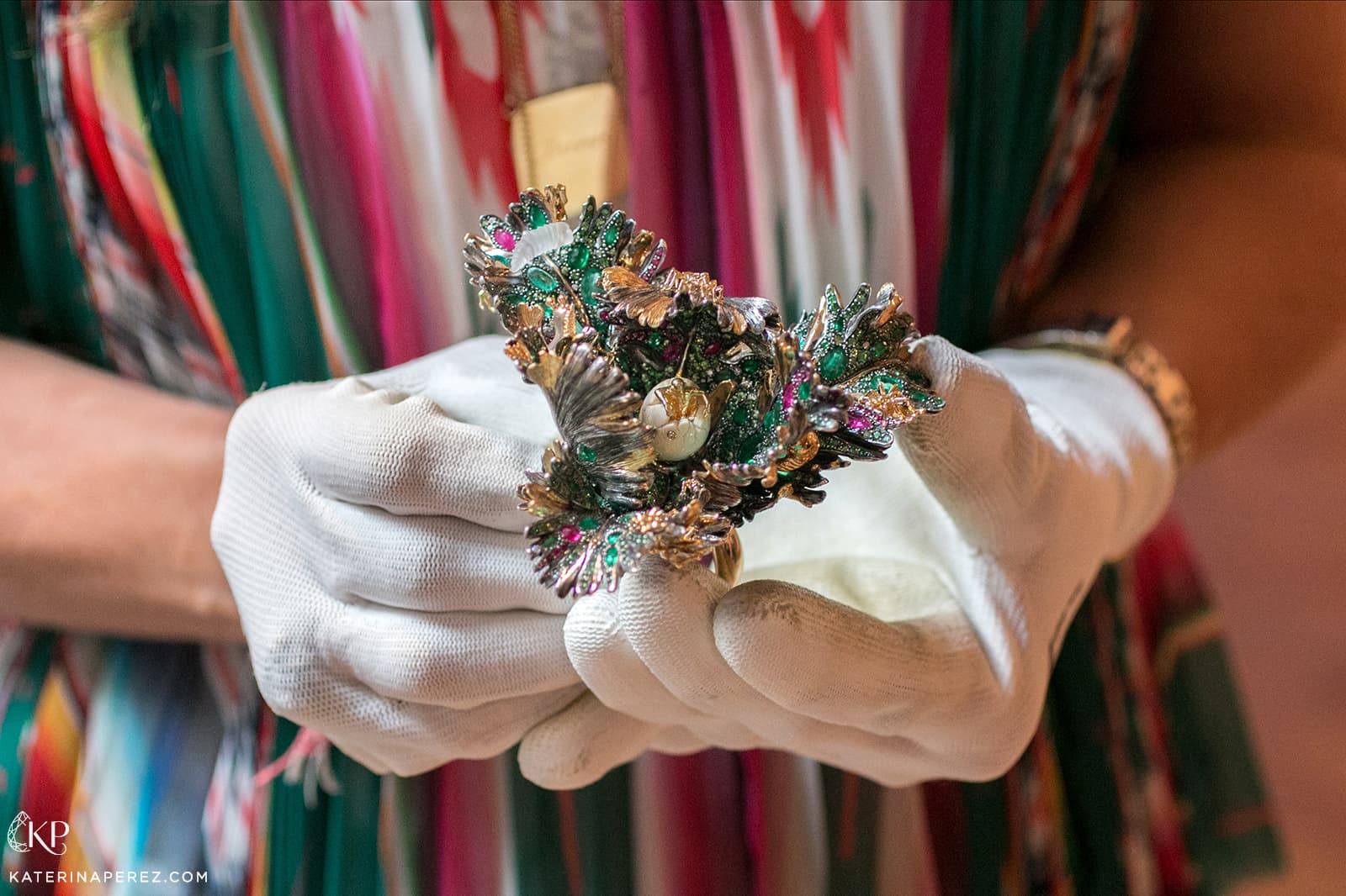 Bibi Van Der Velden 'Memento Mori' ring in gold with diamonds, rock crystal, emeralds and rubies
