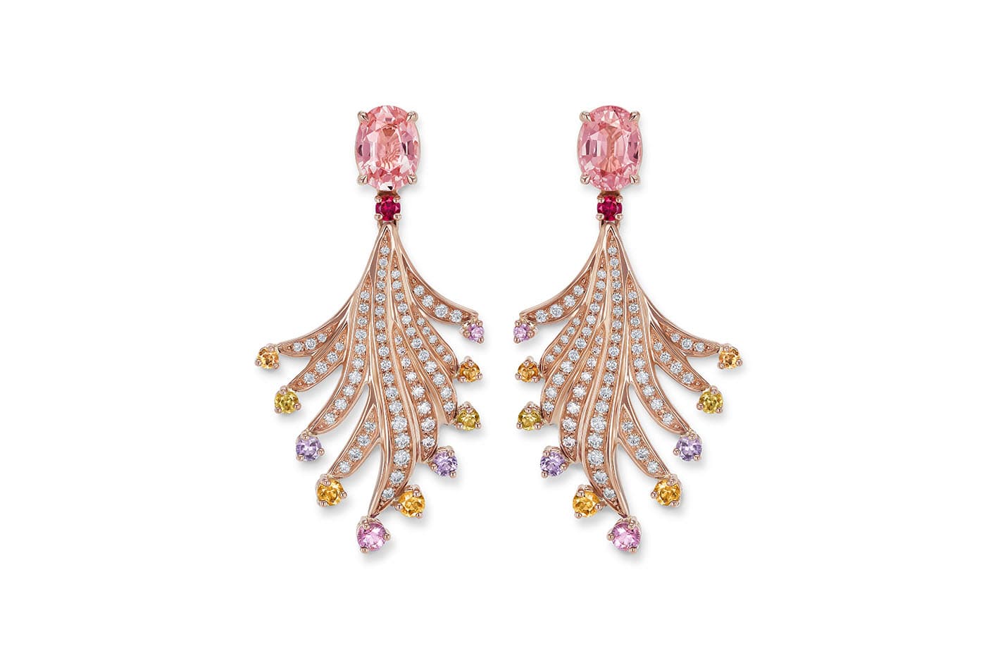 Gübelin 'Aurora' collection earrings with padparadscha sapphire, sapphires and diamonds in rose gold