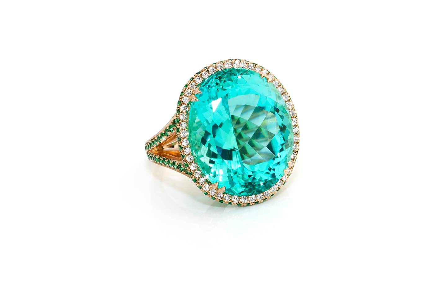  Jochen Leen ring with paraiba tourmaline, tsavorites and diamonds in yellow gold