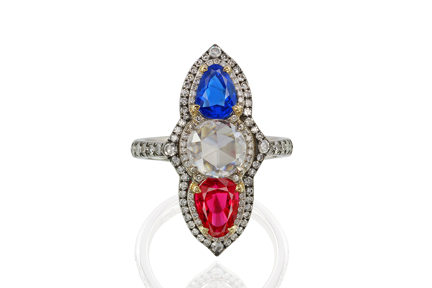  IVY New York ring with spinels and diamonds in white and yellow gold
