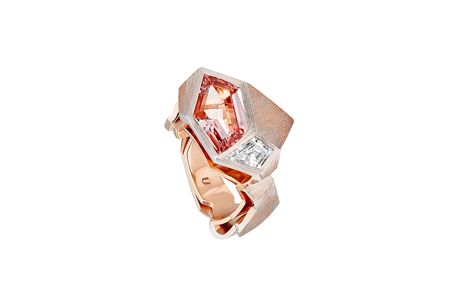  Nuun 'Origami' ring from the 'Manifesto' collection with 3.34ct morganite and diamonds in white and rose gold