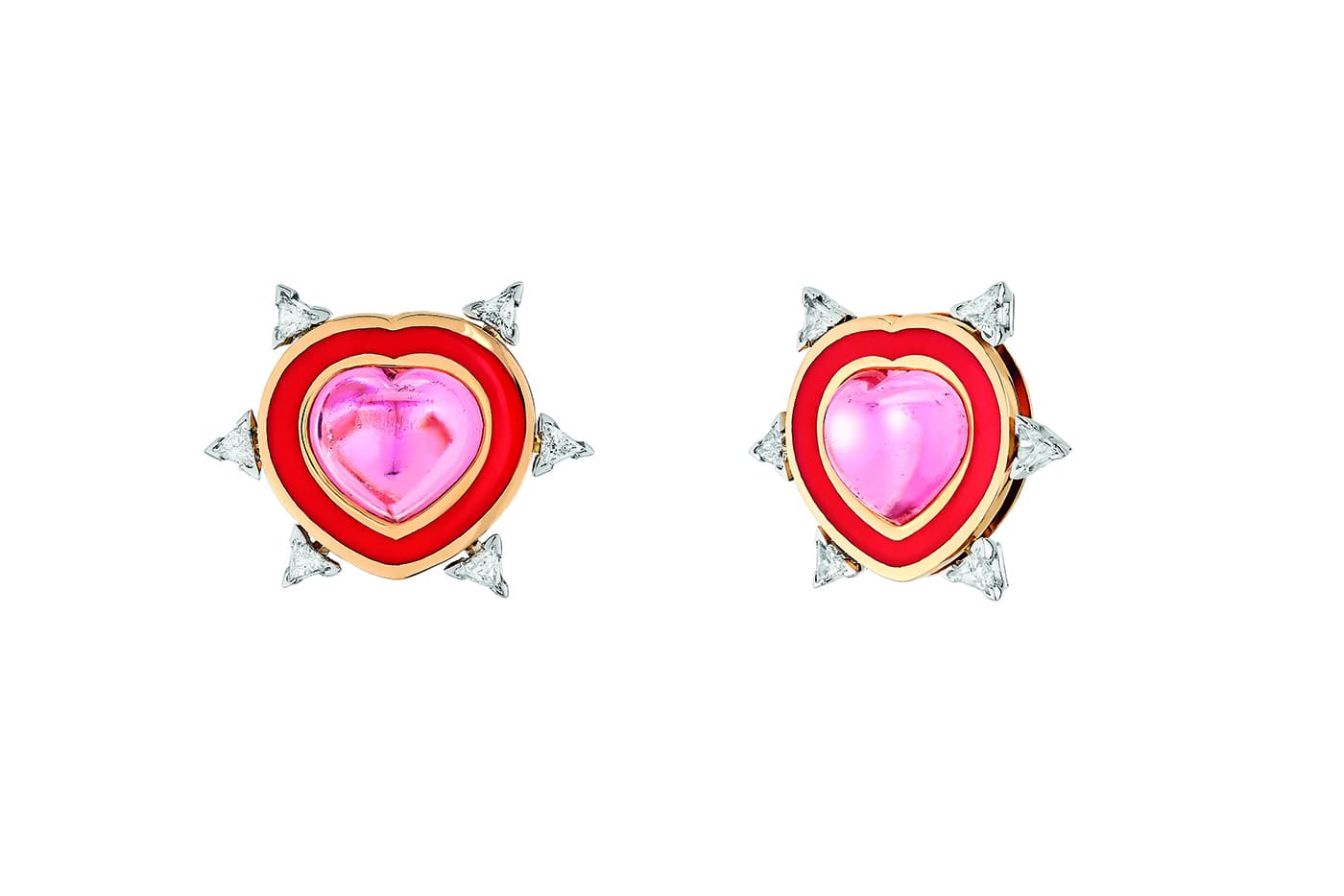  Nuun 'Coeur' earrings from the 'Manifesto' collection with pink tourmalines totaling 8.26ct, diamonds and lacquer in yellow gold