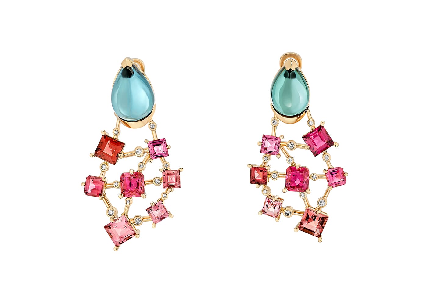  Nuun 'Tissu' earrings from the 'Manifesto' collection with 10.51ct green tourmalines, 10.32ct pink tourmalines and diamonds in yellow gold