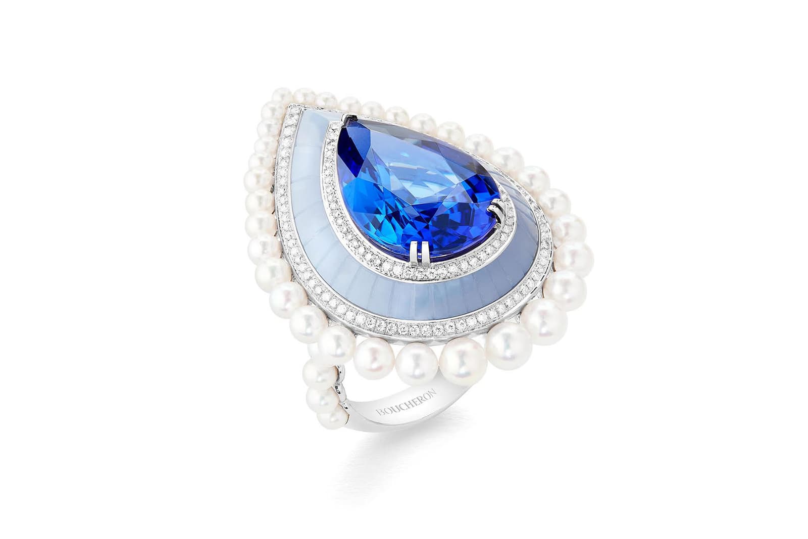  Boucheron ring with tanzanite, enamel and pearls in white gold