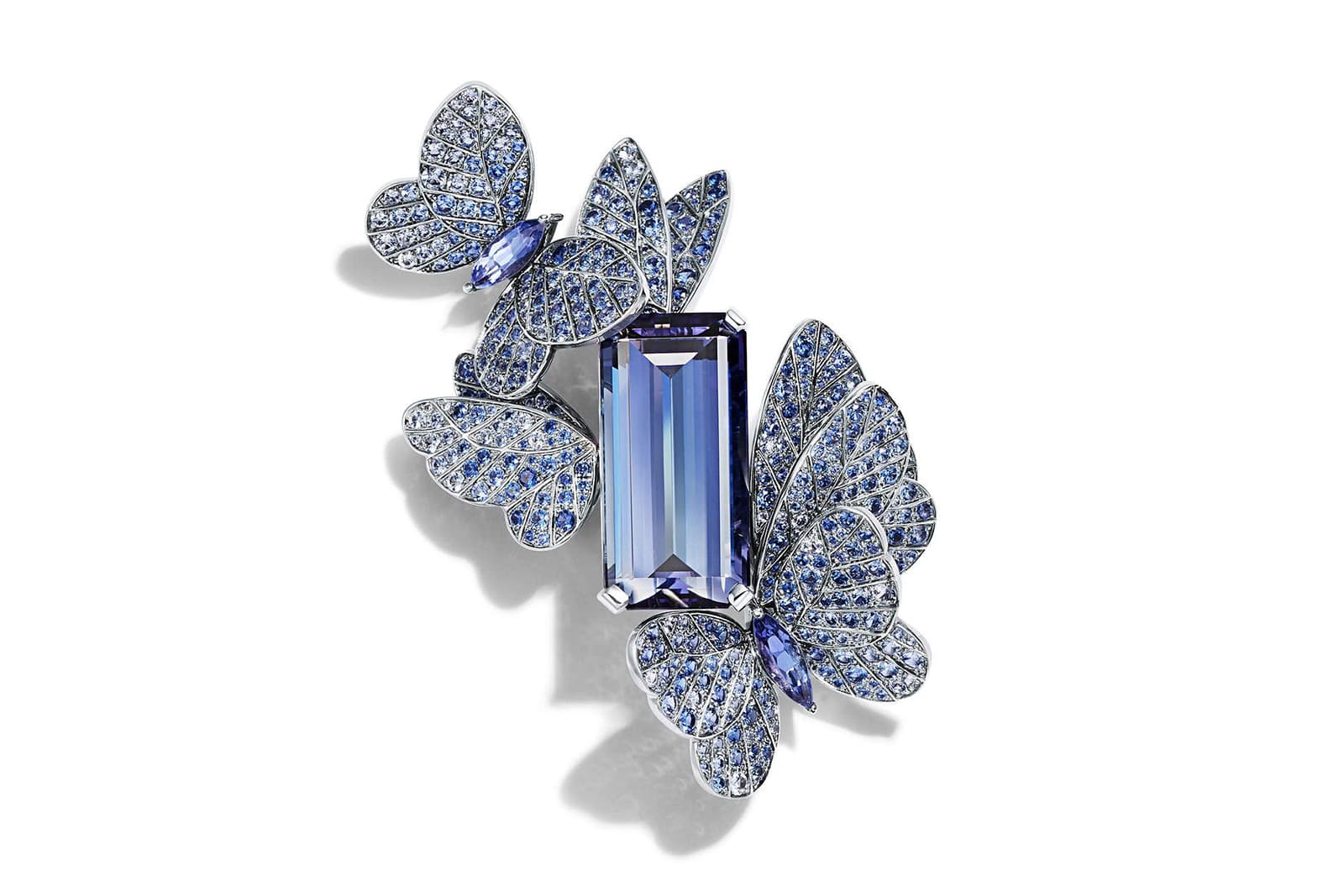 Tiffany & Co. Blue Book 2018 collection brooch in platinum with an emerald-cut tanzanite of over 27 carats, round and marquise sapphires, over five total carats, and round brilliant diamonds
