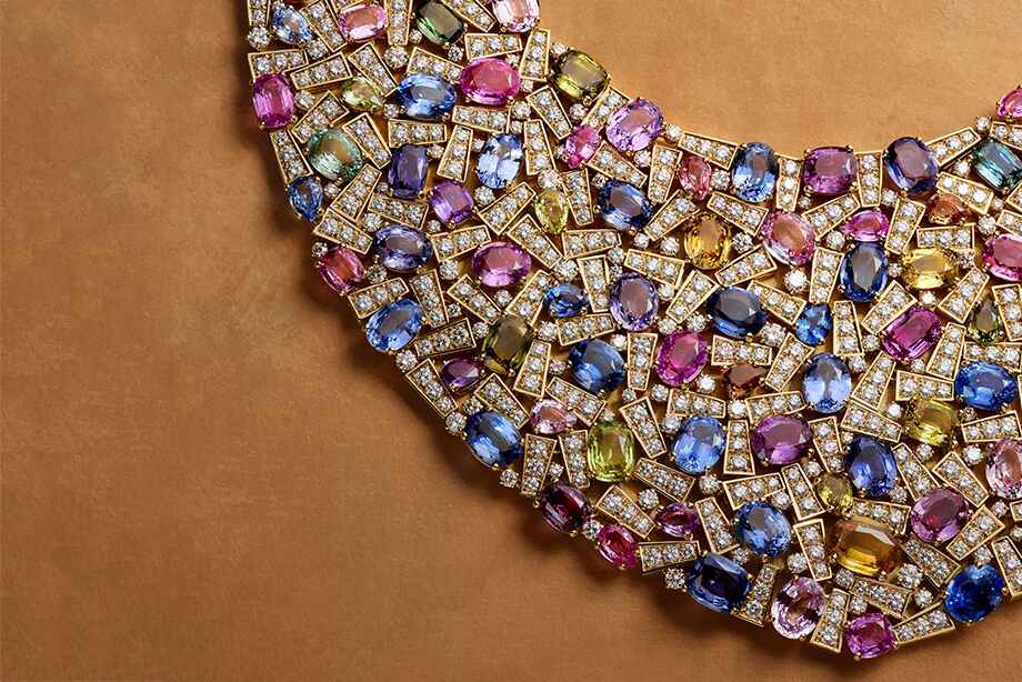 Bvlgari High Jewellery necklace with diamonds, sapphires, topaz, amethyst and green tourmaline in yellow gold from Bvlgari, The Story, The Dream exhibition