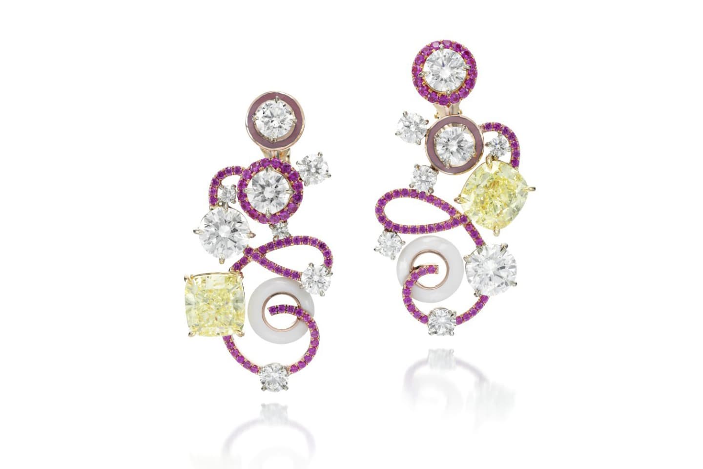  Sotheby’s Diamonds by Lily Gabriella ‘Holi’ earrings with two Fancy Yellow cushion cut diamonds of 5.01ct and 5.03ct, pavé set pink sapphires and diamonds in enamel and rose gold