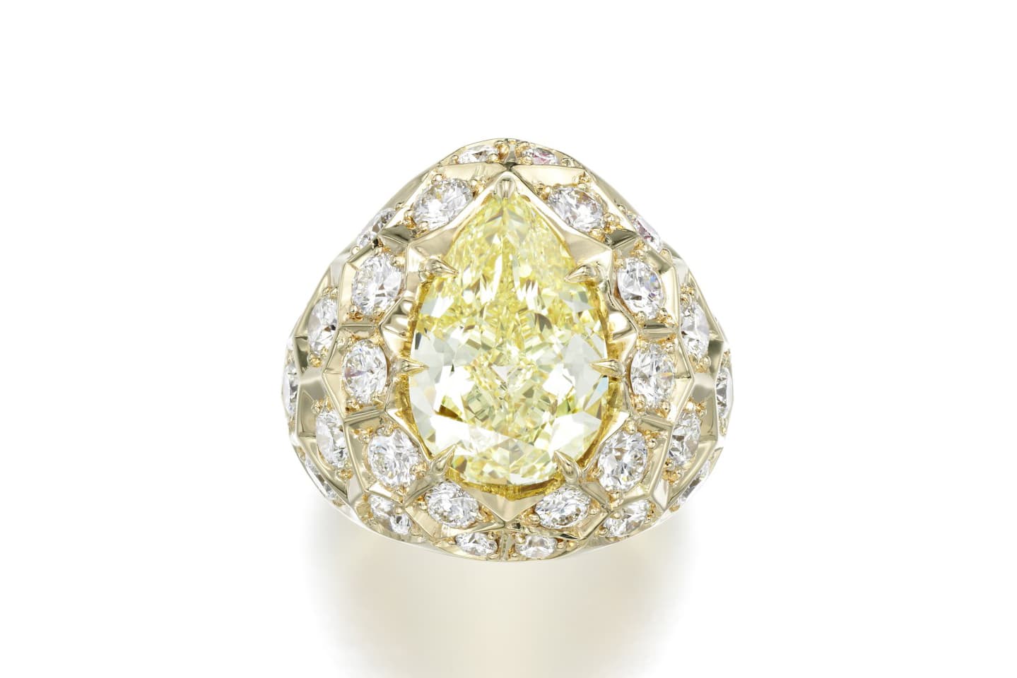  Sotheby’s Diamonds by Lily Gabriella ‘Honeycomb’ ring with a 6.12ct fancy intense pear shaped yellow diamond and colourless diamonds in yellow gold