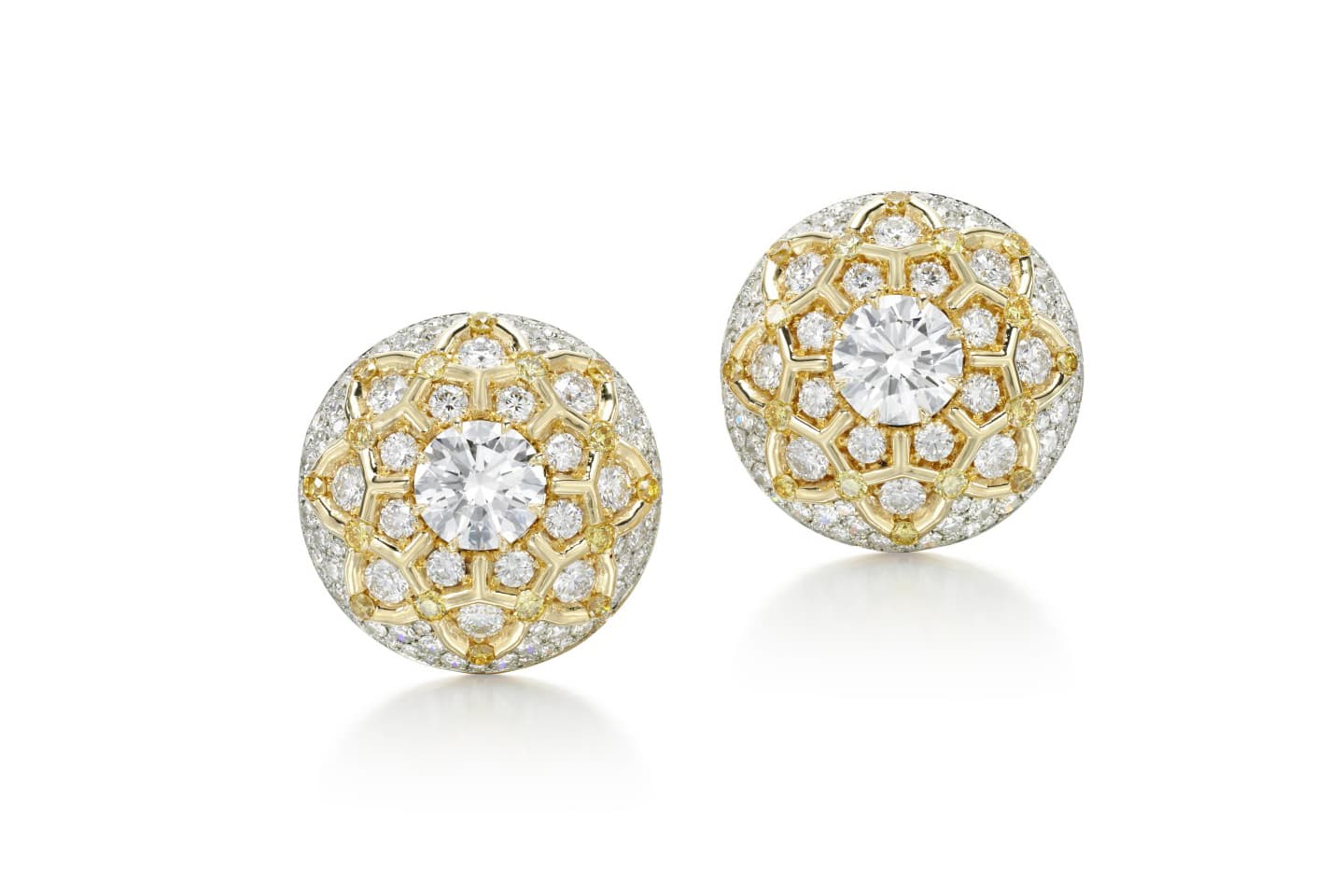  Sotheby’s Diamonds by Lily Gabriella ‘Polytope’ earrings with a D colour, Internally Flawless 1.54ct round brilliant cut diamond, yellow and colourless pavé set diamonds in white and yellow gold