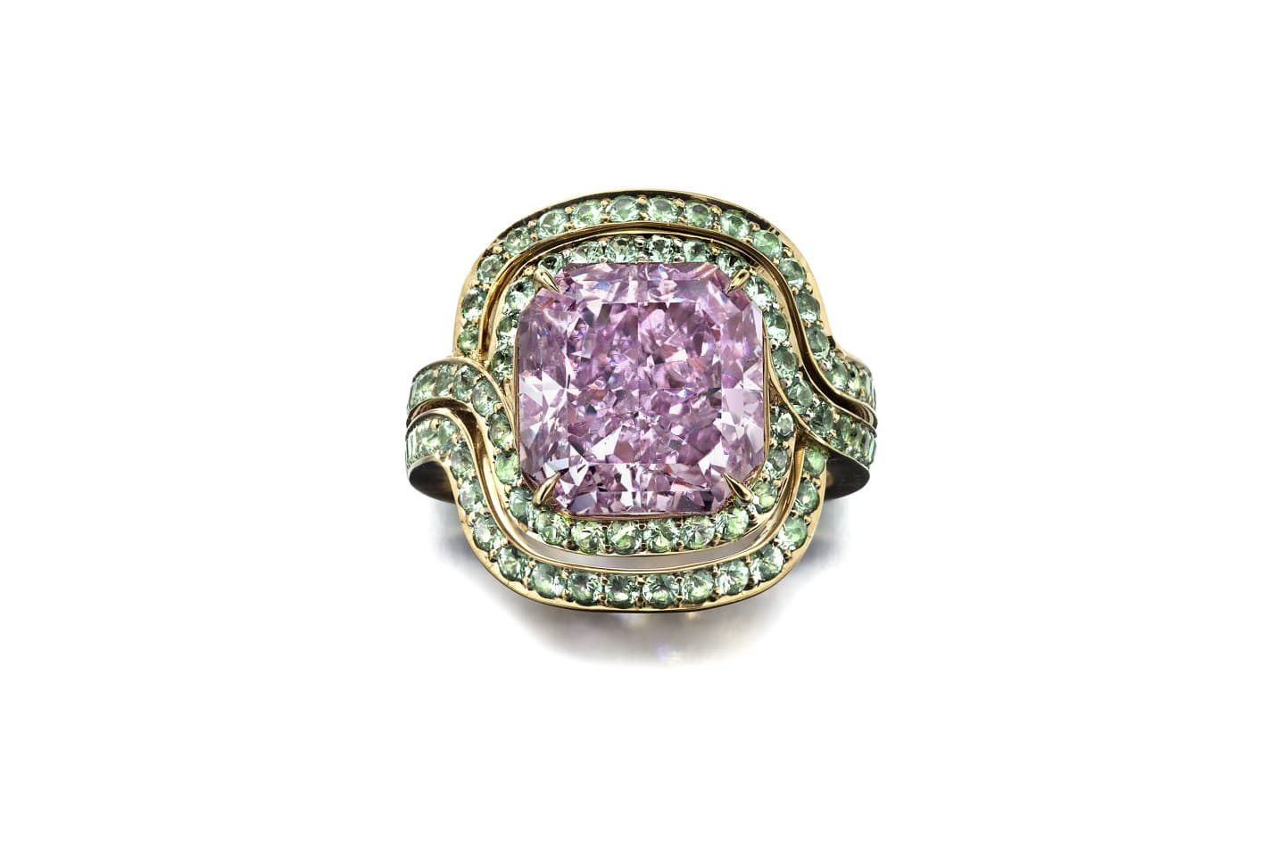  Sotheby’s Diamonds by Lily Gabriella ‘Infinitas’ ring with a 6.78ct Fancy Intense Pink radiant cut diamond, and pavé set light green grossular garnet in rose gold