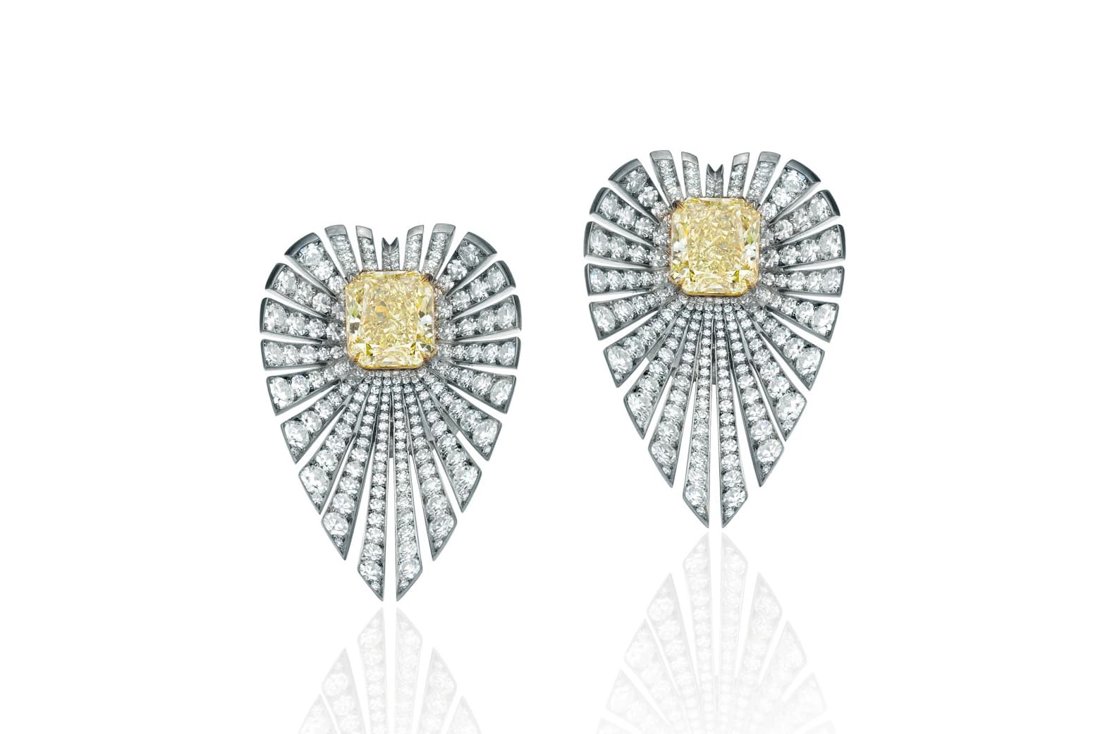  Sotheby’s Diamonds by Lily Gabriella ‘Halcyon’ earrings with a 3.53ct Fancy Yellow and a 3.03ct Fancy Light Yellow radiant cut diamond, pavé set diamonds in blackened gold