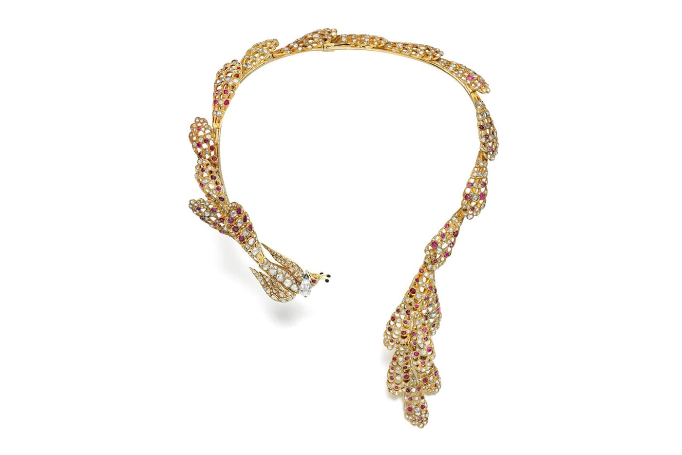Eliane Fattal x Sotheby's Diamonds ‘Peacock’ necklace featuring a 19th century peacock with diamonds and rubies, and a 3.53ct diamond briolette in yellow gold