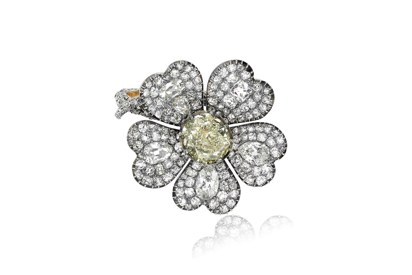  Eliane Fattal x Sotheby's Diamonds ‘Wild at Heart’ ring with a 3.31ct yellow cushion cut diamond, old mine pear shaped and round cut diamonds in platinum and yellow gold