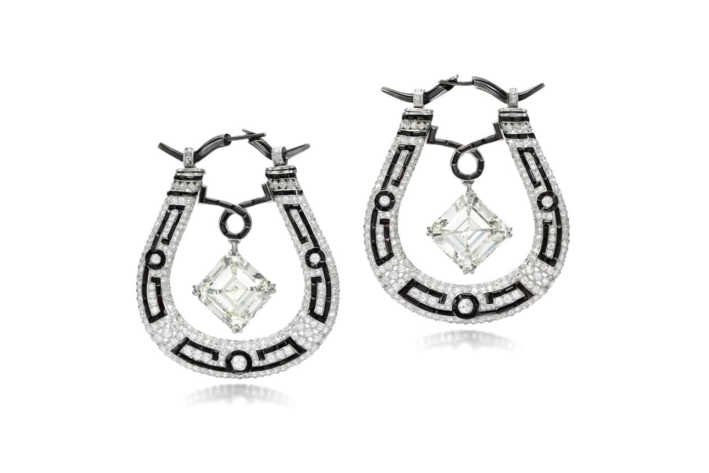  Eliane Fattal x Sotheby's Diamonds ‘Lucky Charm’ earrings featuring early Art Deco diamond and onyx horse shoe earrings, with a 14ct detachable asscher cut diamond and pave set diamonds in platinum 