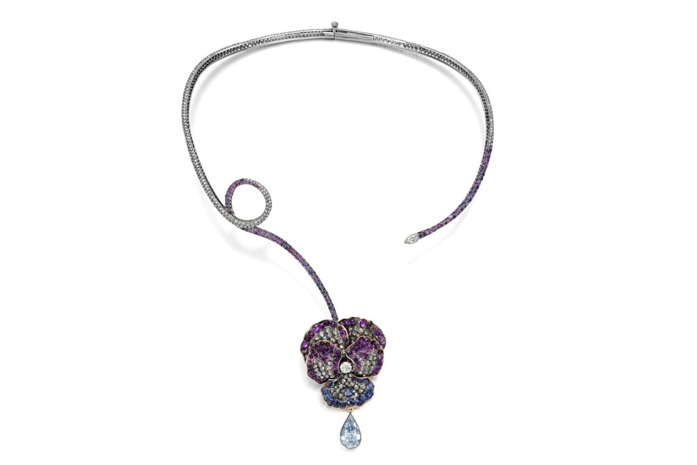  Eliane Fattal x Sotheby's Diamonds ‘Pansy’ necklace featuring a rare 19th century pansy with amethyst, sapphire and diamonds, and a 4.01ct pear shaped diamond in platinum and yellow gold