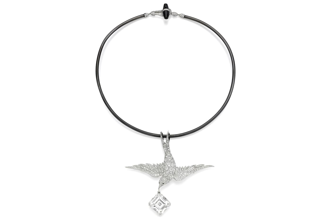  Eliane Fattal x Sotheby's Diamonds ‘Flying Swallow’ necklace with a 19th century swallow with a detachable 20ct square emerald cut diamond, accenting diamonds and onyx in platinum and black ruthenium plated white gold 