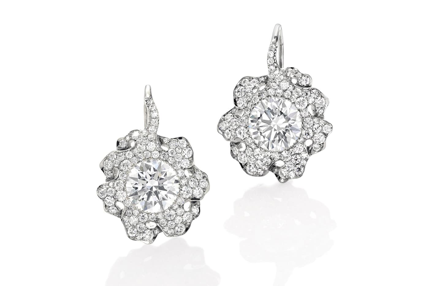 Joseph Ramsay ‘The Fabric of Jewellery’ collection ‘Umbellata’ earrings with a pair of round brilliant cut diamonds weighing 3.06ct and 3.02ct, and pave set diamonds in white gold