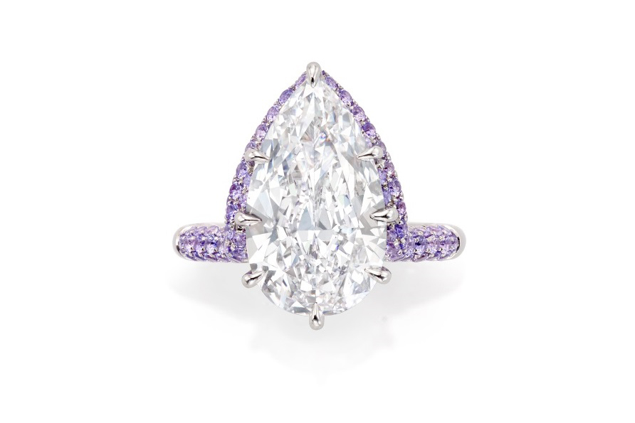  Joseph Ramsay ‘The Fabric of Jewellery’ collection ‘Corderou’ ring with a 5.09ct D colour pear shaped diamond and lavender sapphires in platinum