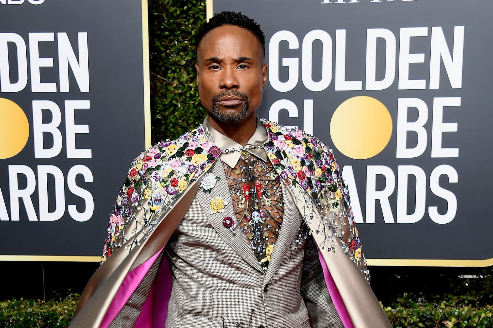 Billy Porter wearing Oscar Heyman brooches with diamonds, emeralds, yellow sapphires and rubies in white gold