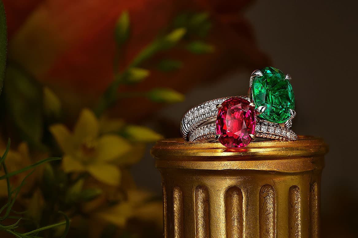 Fabergé engagement rings with a Mozambique ruby and a Zambian emerald