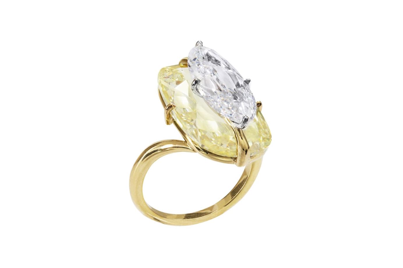  Boghossian 'Kissing' ring with a fancy yellow portrait diamond set below a colourless diamond