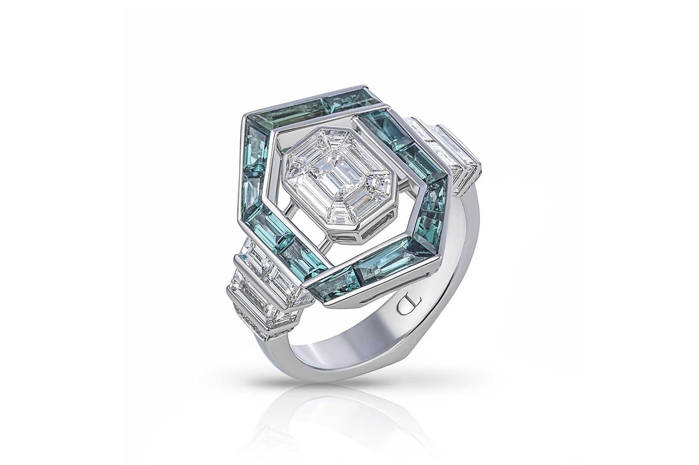  Thomas Donocik bespoke engagement ring with diamond and baguette-cut tourmalines