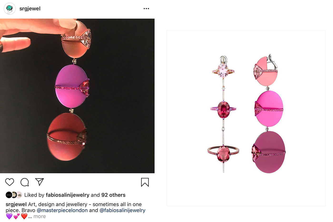 Fabio Salini earrings with rubellite, rhodolite, kunzite, pink sapphires and diamonds set in titanium