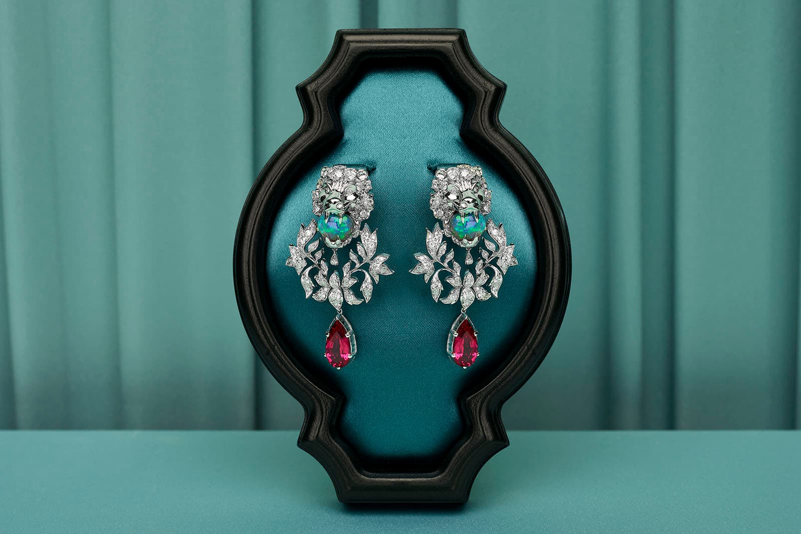 Gucci 'Hortus Deliciarum’ collection 'Animal Kingdom' earrings with opals, rubellites and diamonds in white gold