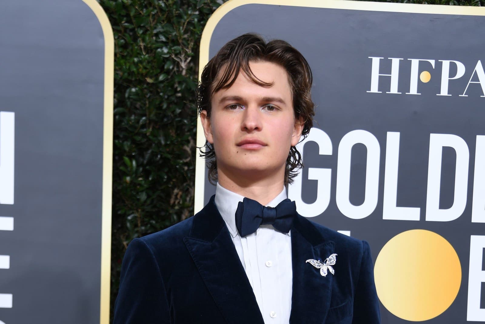  Ansel Elgort wearing Tiffany&Co. butterfly brooch with diamonds
