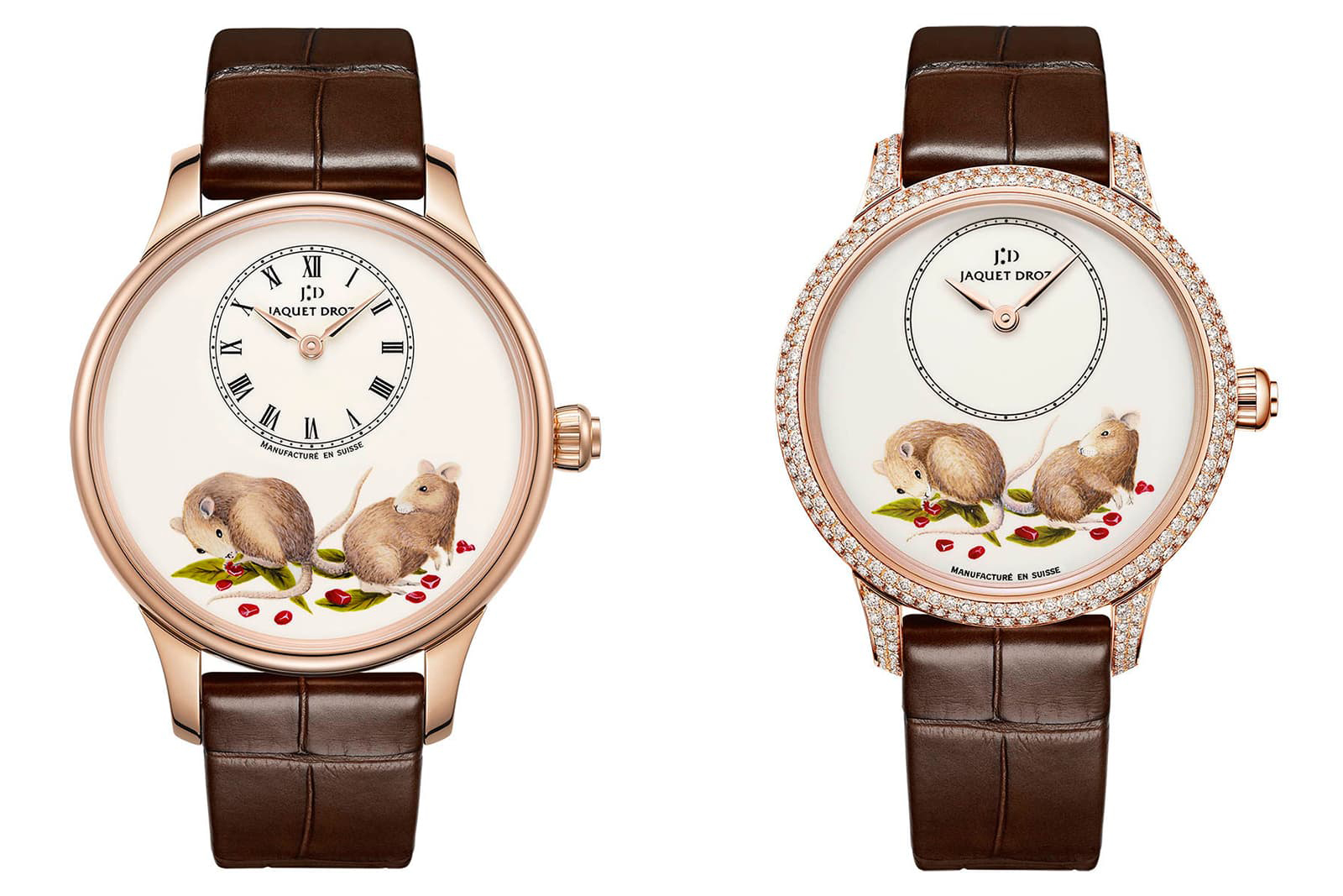  Jaquet Droz The Petite Heure Minute Rat 35 mm watch and 39 mm watch with 232 diamonds totaling 1.23ct, both with hand painted ivory Grand Feu enamel dial in rose gold